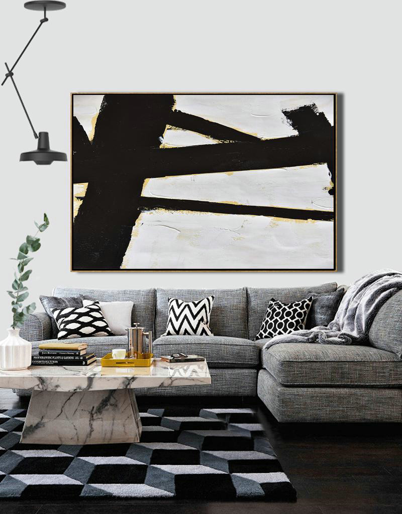 Original Modern Art,Large Wall Art Handmade,Horizontal Palette Knife Minimal Canvas Art Painting Black White Beige - Abstract Artwork Online